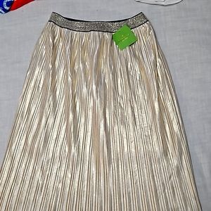 Kate Spade pleated midi skirt, sz 14 girls. Metallic gold w/blue/gold elastic